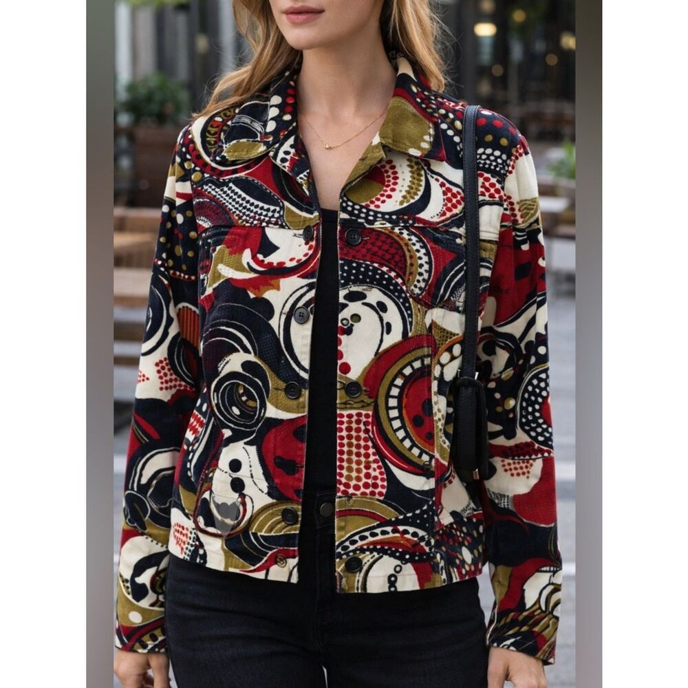 Acorn Abstract Print Corduroy Jacket Red Black Artwear Button Up L